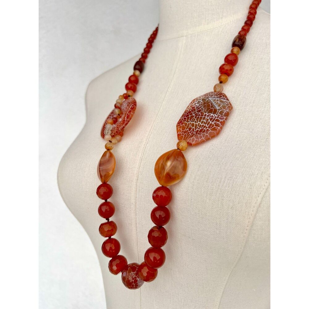 Artisan Beaded Asymmetrical Boho Chic Chunky Statement Necklace Carnelian Agate